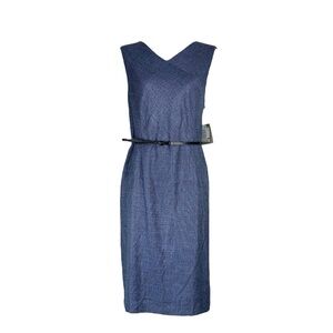 Kasper Dress Sheath Tweed V-Neck Belted Sleeveless Blue